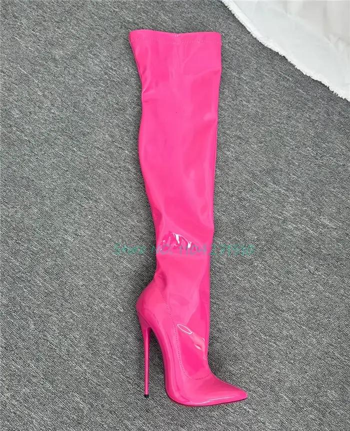 Bottes Sexy en cuir verni au dessus du genou pour femmes, bout pointu, fermeture éclair latérale, talons hauts de 16CM, bottes longues, chaussures de piste de fête