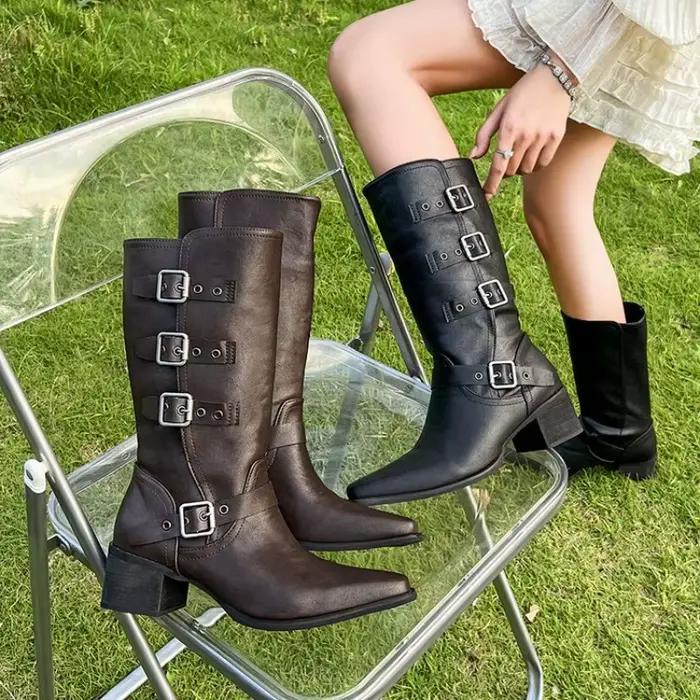 Nouvelles bottes de cowgirl pour femme, élégantes, à enfiler, à talon carré bas, hauteur genou, chaussures d'hiver marron pour femme