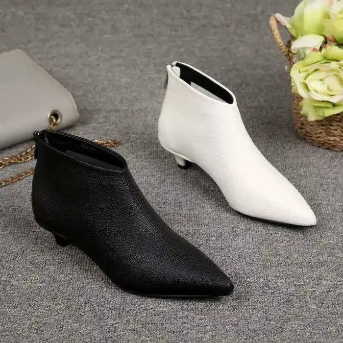 FHC Europea nouvelles bottines pour femmes, chaussures d'automne/hiver, Botas nu, bout pointu, talon chaton bas, fermeture éclair au dos, blanc, noir, livraison directe