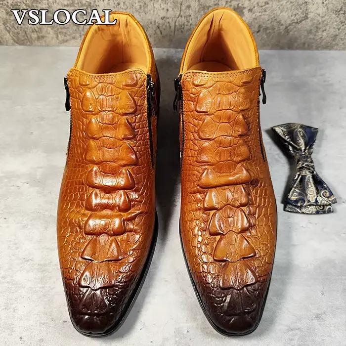 Marque de luxe hommes bottines chaussures noir marron Crocodile imprime fermeture éclair Chelsea bottes