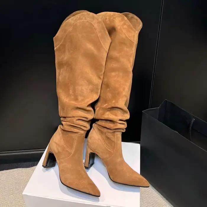 Bottes hautes plissées de couleur caramel noir pour filles, paresseux, filles épicées, talons hauts, à la mode, grande taille, 34 à 42