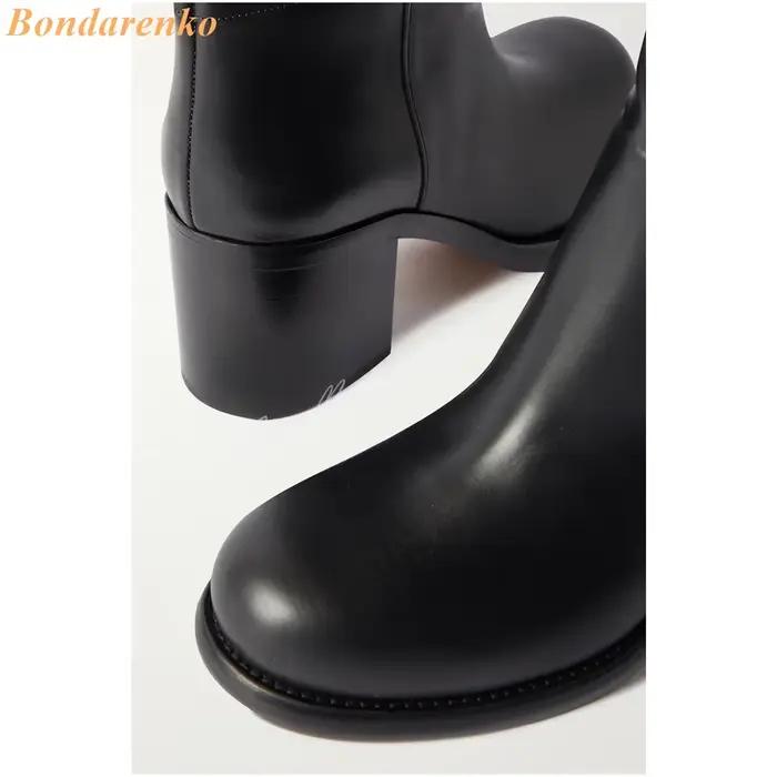 Cuissardes hautes en cuir bout rond talons hauts épais solide sans lacet bottes longues femmes chaussures Sexy