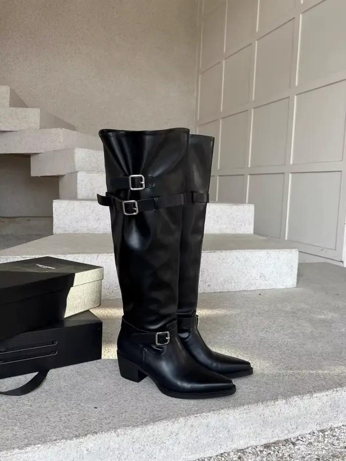 Bottes longues à talon épais et bout pointu avec boucle de ceinture, style sexy et large, pour jeunes femmes – Collection Printemps 2026