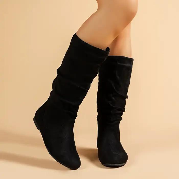 Plissé PU visage femmes bottes de mode côté ramen décontracté bout rond plat