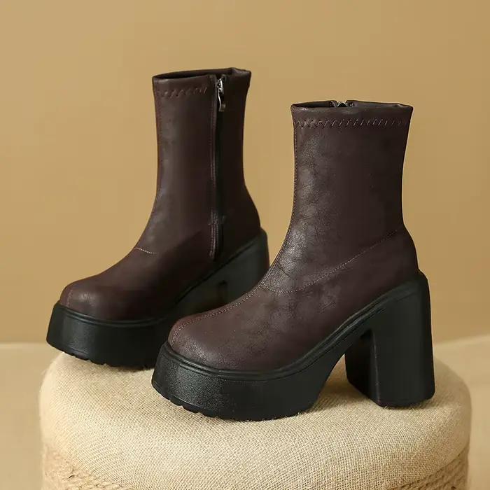 Bottes élastiques fines à plateforme à talon bloc, rétro européen et américain, talon Super haut, petit homme, bottines hautes Hate Sky