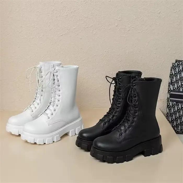 Bottes en cuir haut de gamme pour femmes avec fermeture éclair latérale et lacets pour printemps-automne ocassions spéciales et vie quotidienne