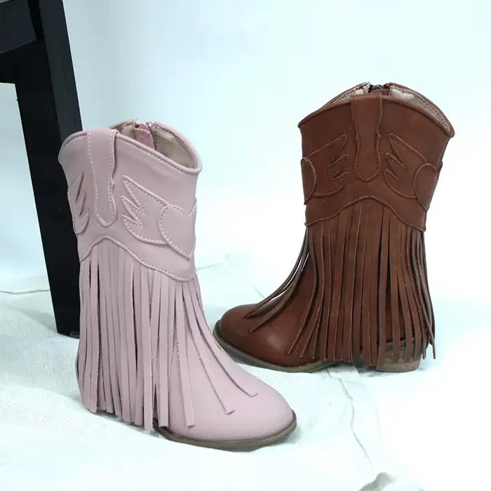 Bottes mi-mollet vintage style western pour filles, bébés, tout-petits et jeunes enfants, souples, à franges hautes, avec fermeture éclair latérale, mode automne-hiver