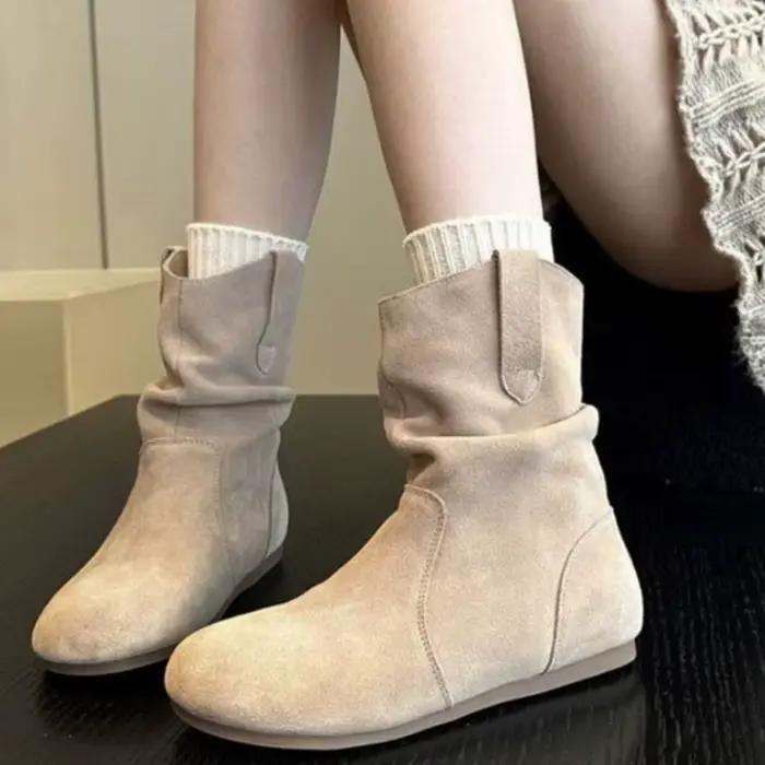 Crestar daim bottes décontractées pour femmes 2025 mode bottines nouveau court sans lacet chaussures plates rétro polyvalent fond souple dame botte