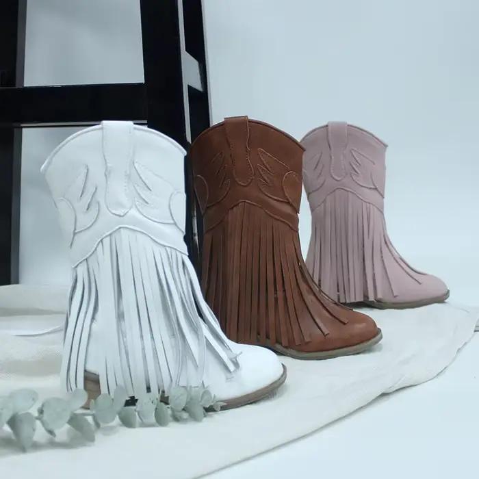 Bottes mi-mollet vintage style western pour filles, bébés, tout-petits et jeunes enfants, souples, à franges hautes, avec fermeture éclair latérale, mode automne-hiver