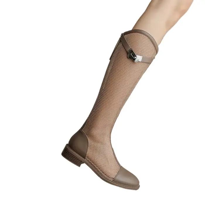 Bottes hautes en maille au genou pour femmes, bottes de chevalier en maille respirante à bouche en V, talon optique, bottes longues creuses pour femmes, été