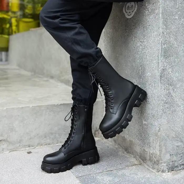 Bottes en cuir haut de gamme pour femmes avec fermeture éclair latérale et lacets pour printemps-automne ocassions spéciales et vie quotidienne