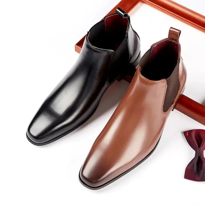 Bottes en cuir pour hommes, élégantes et simples, à pointe longue, bout carré, Chelsea britannique, chaussures formelles de luxe pour hommes d'affaires, printemps et hiver