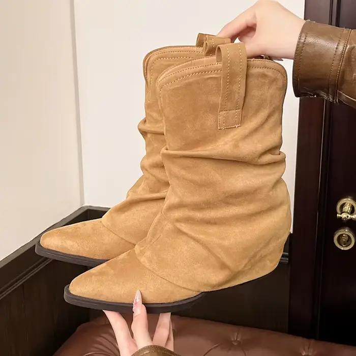 Automne hiver Faux daim mi-mollet bottes femmes grande taille talons épais