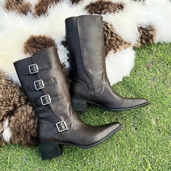 Nouvelles bottes de cowgirl pour femme, élégantes, à enfiler, à talon carré bas, hauteur genou, chaussures d'hiver marron pour femme