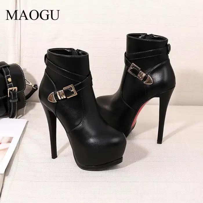 Bottines à talons aiguilles noires pour femmes Bout rond Boucle à lanières