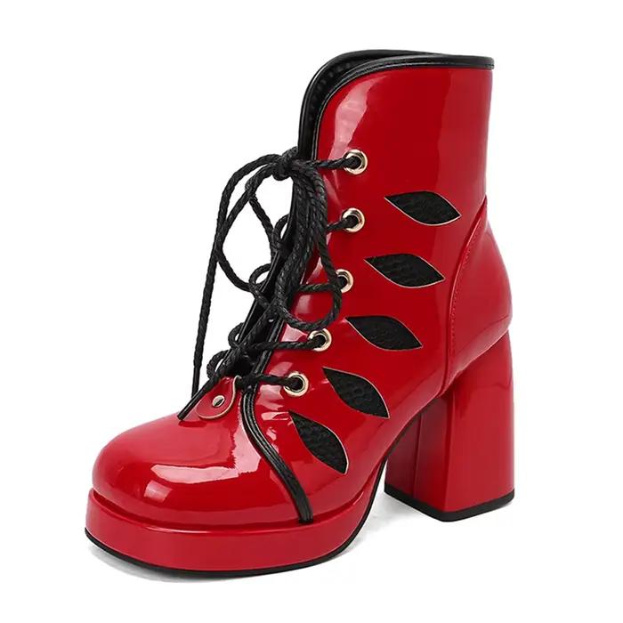 Femmes bout rond talon carré bottes courtes printemps et automne à lacets imperméable robe de Table fête confortable décontracté vêtements de travail 288-3