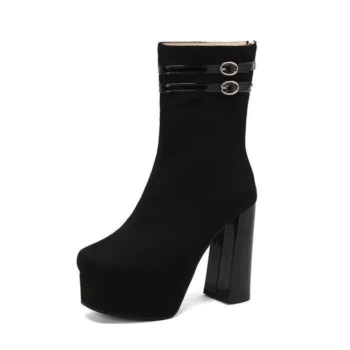Bottines en daim luxueuses BLXQPYT avec talon carré très haut pour femmes, mode, boucle de ceinture, fermeture éclair, peluche, bottes à plateforme de fête, grande taille 50 T2136, automne hiver