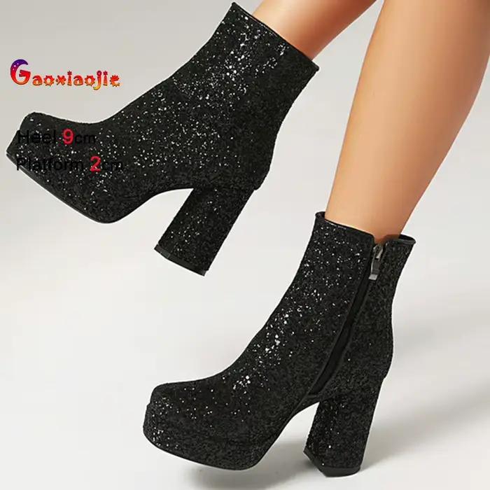 Bottines noires à paillettes pour femmes, talons bloc de 9cm, bottes courtes avec fermeture éclair latérale, chaussures de fête, taille 45, automne et hiver