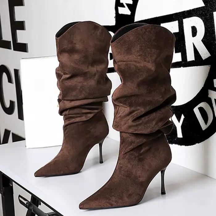 BIGTREE hiver concepteur plissé genou bottes hautes femmes rétro bout pointu talons aiguilles confortable léger Botas Mujer