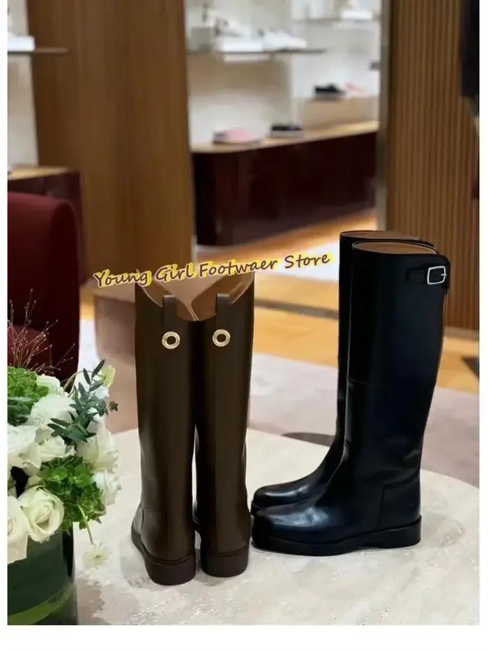 Bottes en cuir véritable pour femmes, au-dessus du genou, à bout rond, talons bas, style chevalier, couleur orange, modèles d'hiver, talons de Noël