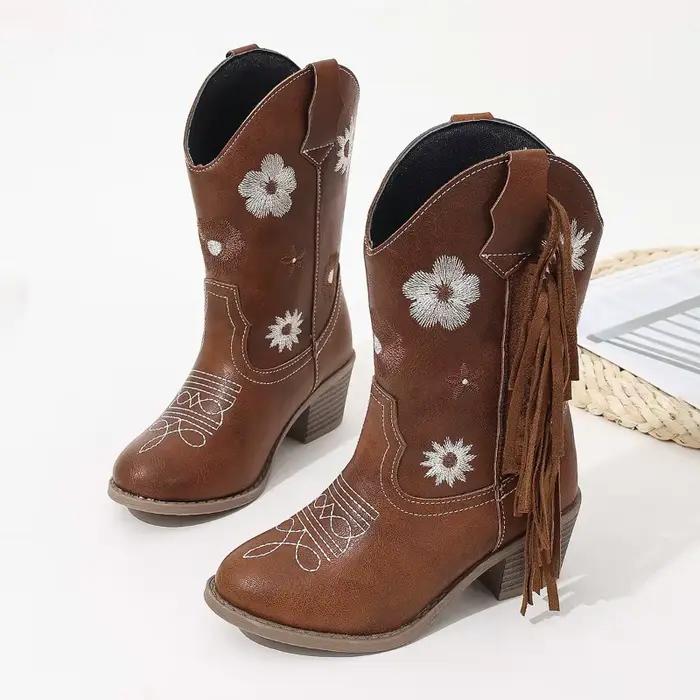 Bottes de cowboy brodées florales pour filles, bottes longues marron à pompons pour enfants, bottes à talons pointus pour enfants, style western, nouveauté 2026