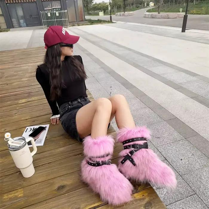 Femmes fausse fourrure bottes hiver flou bottes de neige plat extérieur chaud chaussures de mode moelleux mode chaussures chaudes