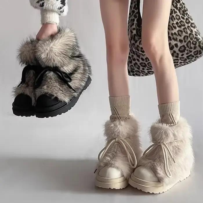 Mn-Bottes de neige d'hiver en fausse fourrure pour femme, bottes de neige astronomiques optiques coordonnantes avec plus velours et grosse tête, bottes en coton