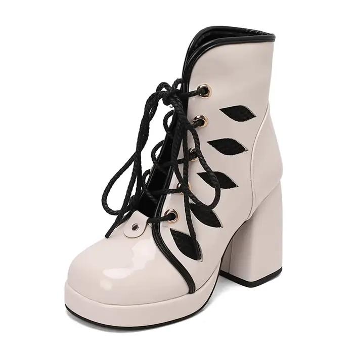 Femmes bout rond talon carré bottes courtes printemps et automne à lacets imperméable robe de Table fête confortable décontracté vêtements de travail 288-3