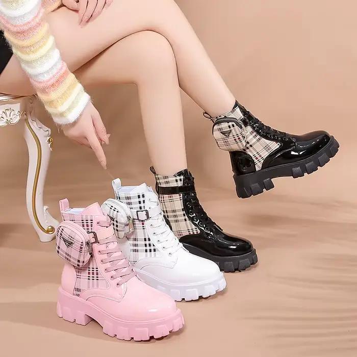 Bottines à fond épais avec boucle à tête ronde, petit sac en cuir, bottes courtes confortables pour femmes, mode automne