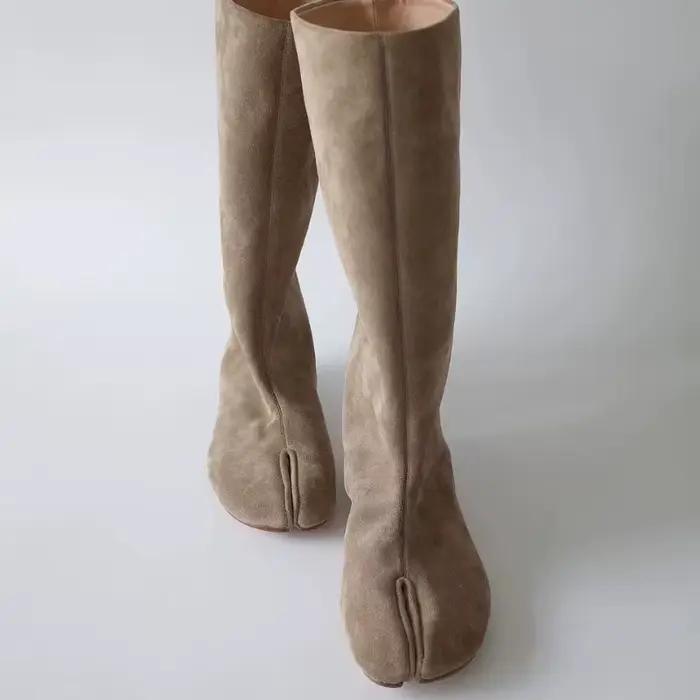 Bottes longues souples en cuir pour femme, bottes hautes au genou exquises, chaussures Tabi à bout fendu, Botas Feminina