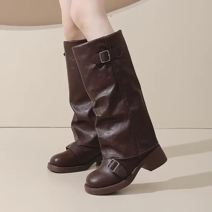 Vintage talon épais femmes genou bottes hautes mode dames ceinture boucle chevalier longs chaussons botas de inverno feminina