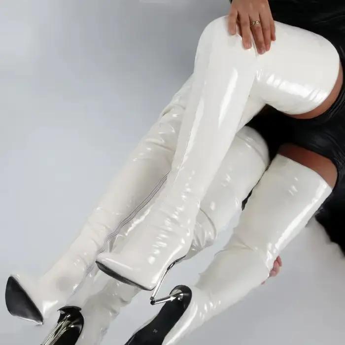 Bottes pour femmes en cuir verni, au-dessus du genou, 2026, sexy, à talons aiguilles, chaussures de soirée, bout pointu, grandes tailles, bottes cuissardes