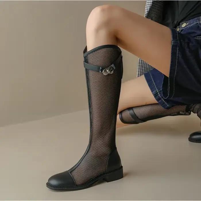 Bottes hautes en maille au genou pour femmes, bottes de chevalier en maille respirante à bouche en V, talon optique, bottes longues creuses pour femmes, été