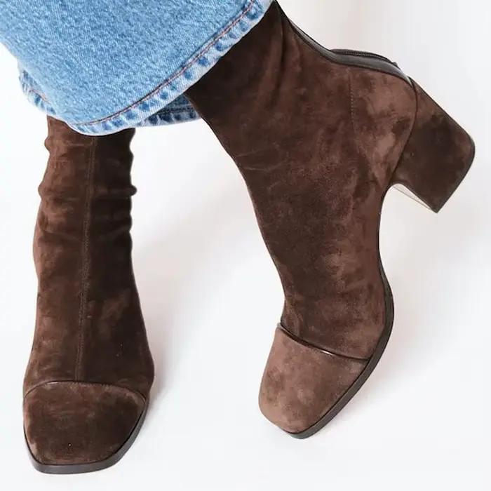 Nouvelles Bottes Femme Hiver 2026 à Talons Hauts en Daim Style Britannique à Bout Carré Tailles 40-43