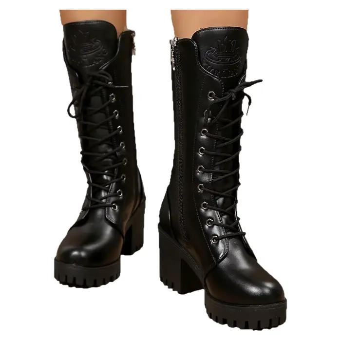 Bottes élégantes à talons épais pour femmes style britannique bottes noires à lacets confortables mi-mollet avec fermeture éclair polyvalentes pour homme occassions spéciales