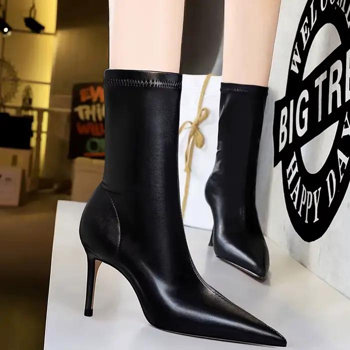 BIGTREE-Bottes à talons hauts en cuir PU pour femmes, bottes de rinçage sexy, chaussures d'automne et d'hiver, bottes courtes, grande taille 43, talons pour femmes