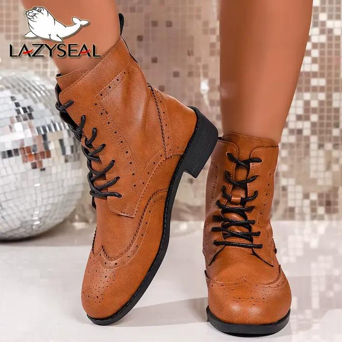Lazyseal classique à lacets femme bottines de haute qualité en cuir PU femme chaussures 3.5CM talon carré moderne botte chaussures grande taille 43