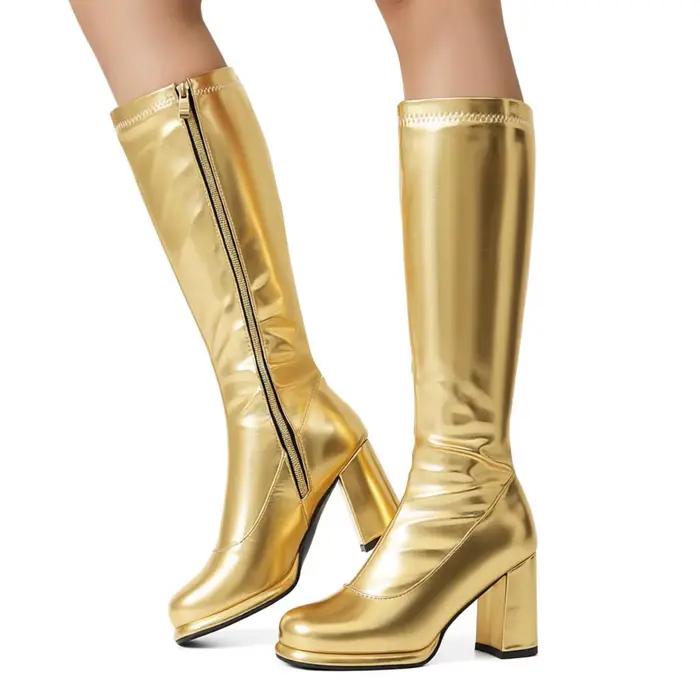Bottes hautes en cuir verni pour femmes, bout carré, talon épais, plateforme, bottes habillées, bottes longues à fermeture éclair pour soirée