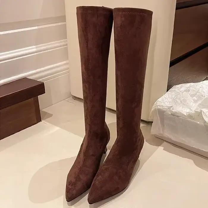 Nouveau bout pointu genou bottes hautes femmes daim léopard talons chaussures marque Sexy bottes d'hiver chaussures habillées pour femmes pompes Botas Mujer