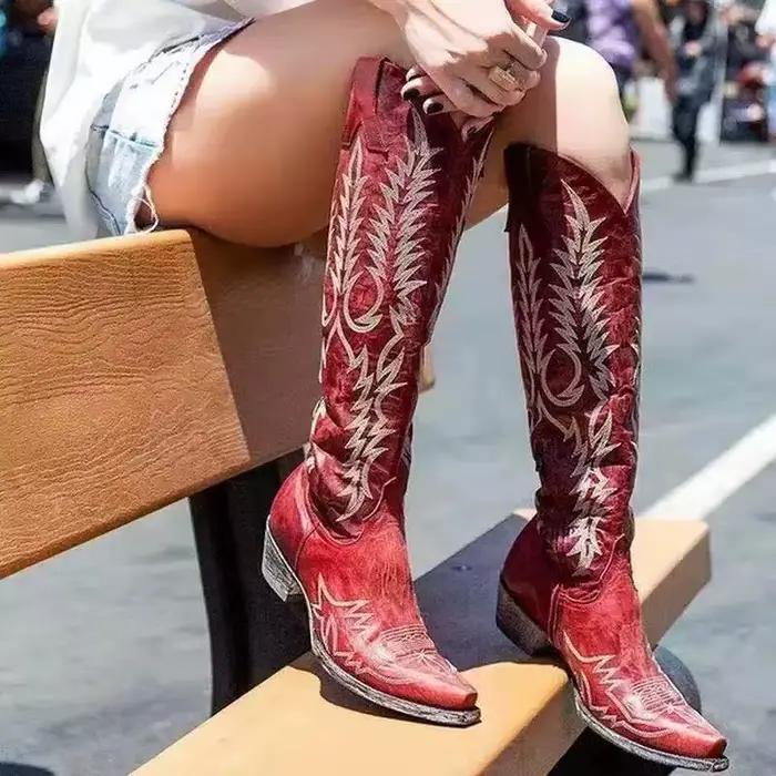 2025 nouvelle marque broder Design femmes genou bottes hautes bout pointu talon brut femme bottes longues dames élégant Slim Fit bottes