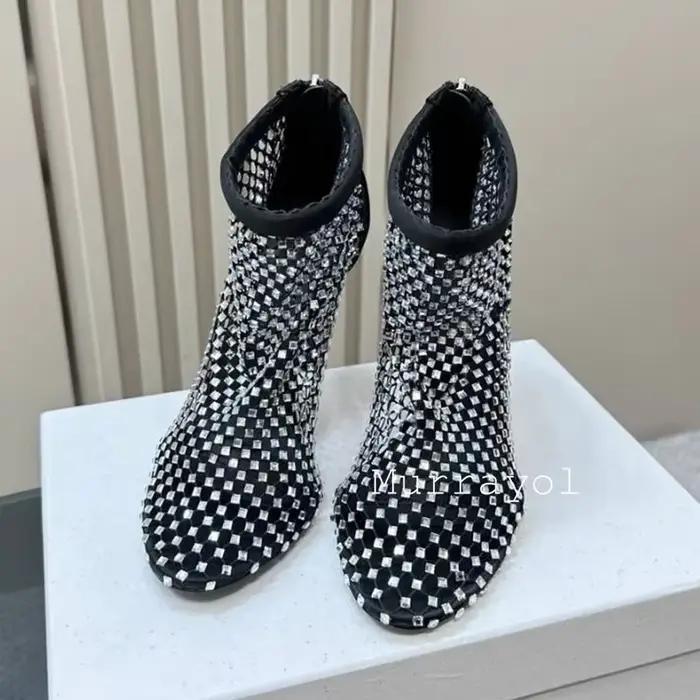 Bout pointu maille évider bottines femmes strass décor talons fins bottes courtes été Cool
