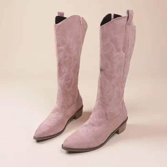 Bottes de cowgirl brodées en nubuck pour femmes, hautes au genou, talon carré, printemps automne, confort et élégance pour toutes les occasions