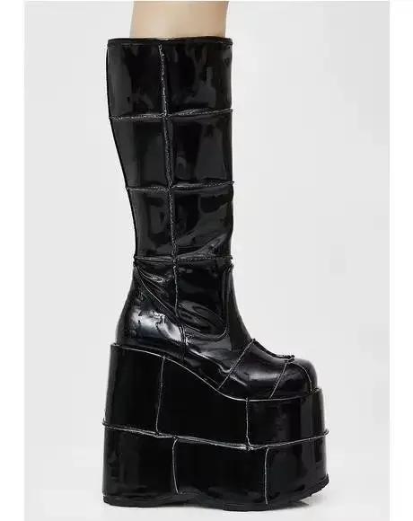 Bottes en cuir rose style punk à bout rond et talon compensé