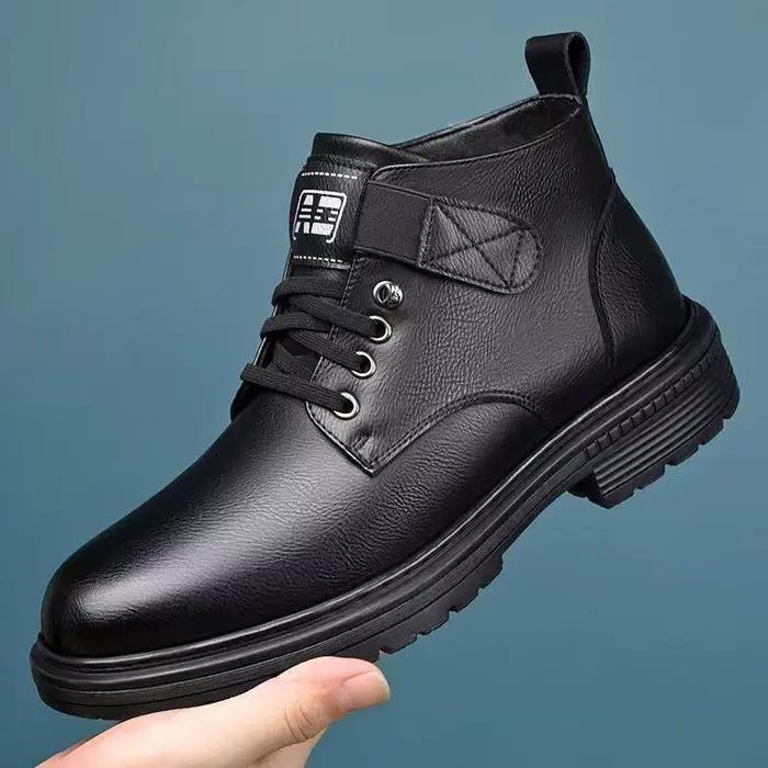 Bottes d'hiver pour hommes en cuir et coton à tige haute, doublées de polaire, antidérapantes, polyvalentes, chaussures décontractées pour toutes les saisons