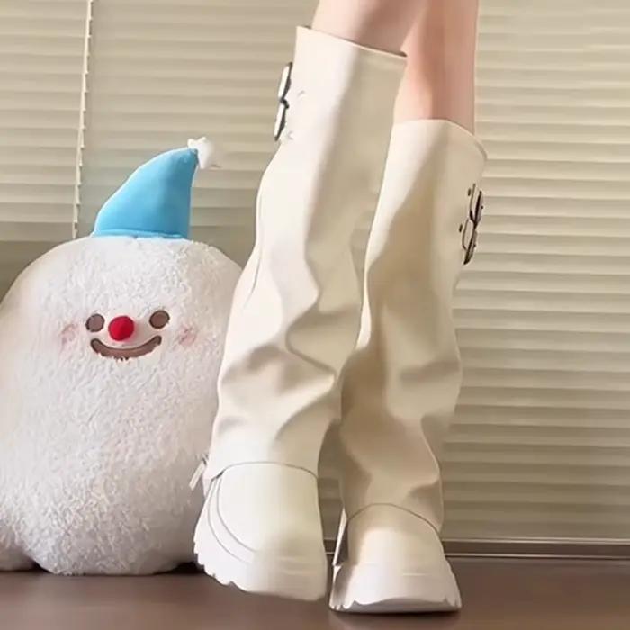 Style Punk épissage fond épais femmes bottes hautes mode fermeture éclair femme plissé chevalier longs chaussons chaussures