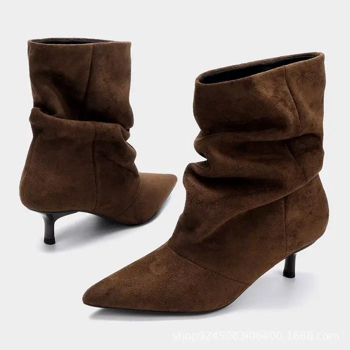 Bottes d'hiver plissées en daim pour femmes, chaussures à bout pointu, talons fins et bas, marron, rétro, élégantes, bottines de créateur, Bottes Femme