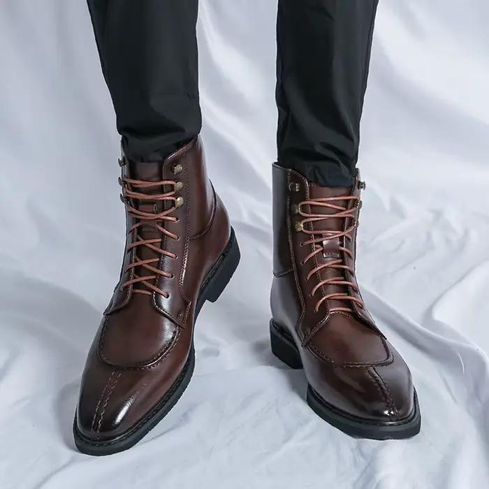 Bottes en cuir pour hommes britanniques mode pointu robe d'affaires botte à lacets