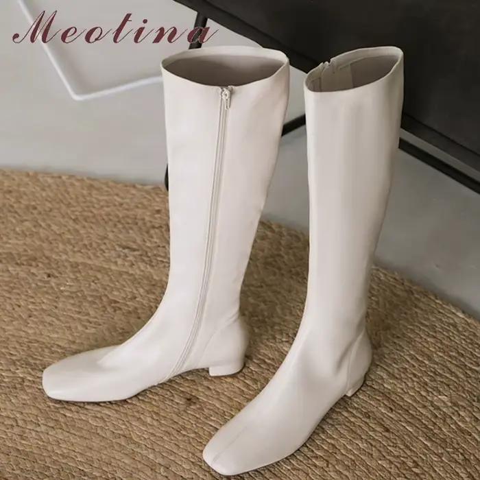 Meotina femmes bottes d'équitation chaussures en cuir véritable talon bas bottes longues fermeture éclair bout carré talons épais bottes longues femme automne hiver