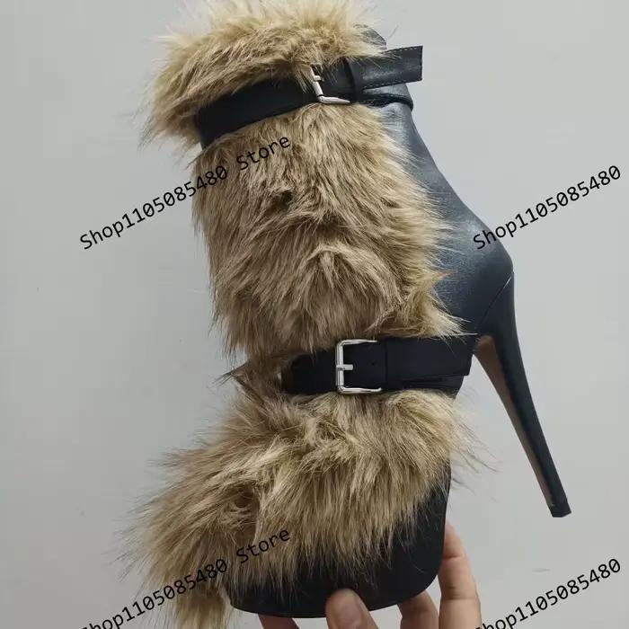 2025 hiver fourrure chaude mode bottes bout pointu Super haut talon mince passerelle bottines sangle botte noire 44