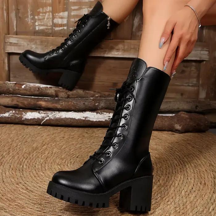 Bottes élégantes à talons épais pour femmes style britannique bottes noires à lacets confortables mi-mollet avec fermeture éclair polyvalentes pour homme occassions spéciales